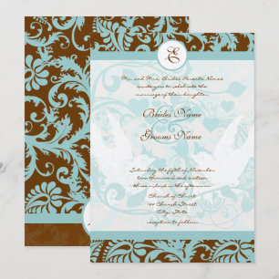 Aqua Vintage Birds Damask Brown Wedding Invitation
