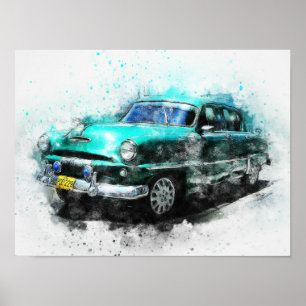 Aqua Vintage Car 1950s  16" X 12" Poster