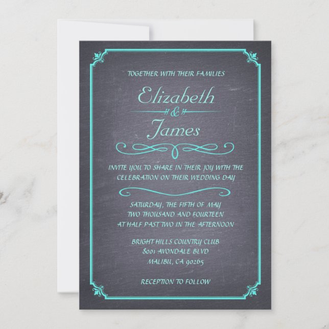 Aqua Vintage Chalkboard Wedding Invitations (Front)
