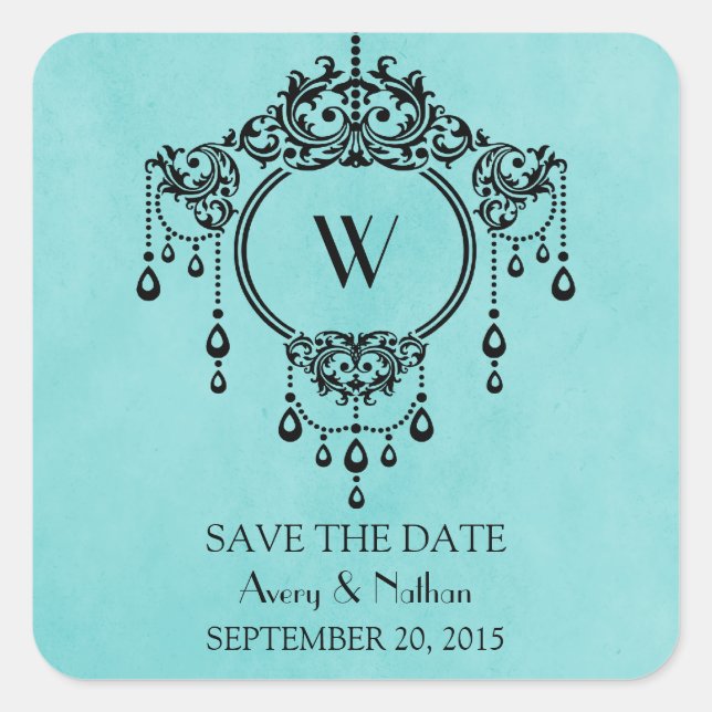 Aqua Vintage Chandelier Save the Date Stickers (Front)