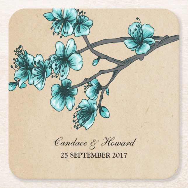 Aqua Vintage Cherry Blossoms Paper Coasters (Front)