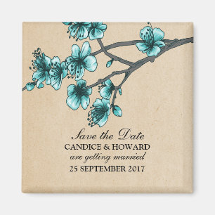 Aqua Vintage Cherry Blossoms Save the Date Magnet