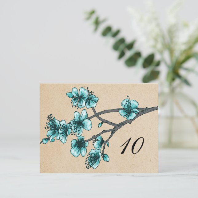 Aqua Vintage Cherry Blossoms Table Number Postcard (Standing Front)