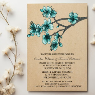 Aqua Vintage Cherry Blossoms Wedding Invite