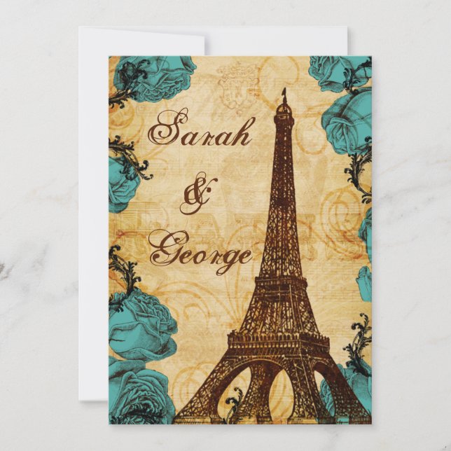 aqua vintage eiffel tower Paris wedding invite (Front)