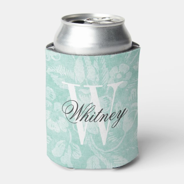 Aqua Vintage Floral Print Monogram Can Cooler (Can Front)