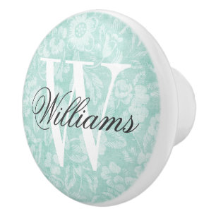 Aqua Vintage Floral Print Monogram Ceramic Knob