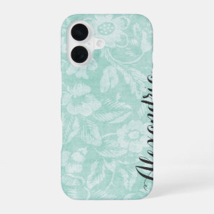 Aqua Vintage Floral Print Monogram iPhone 16 Case