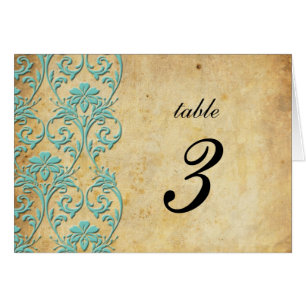 Aqua Vintage Swirl Damask Wedding Table Number