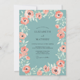 Aqua Warm Coral Blossom Wedding Invitation