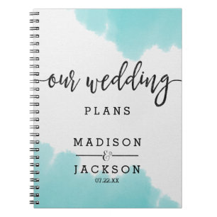 Aqua Watercolor Brush Strokes Wedding Planner Notebook