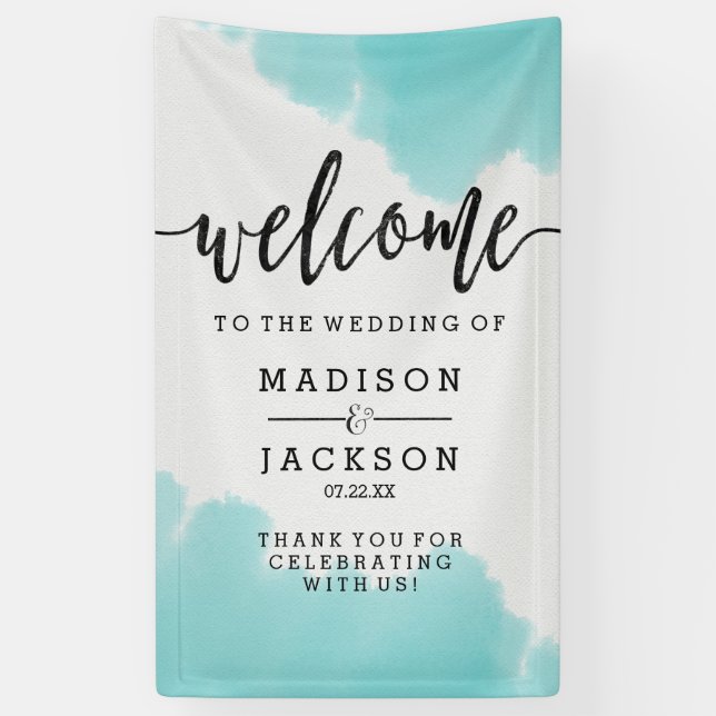 Aqua Watercolor Brush Strokes Wedding Welcome Banner (Vertical)