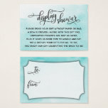Aqua Watercolor Display Bridal Shower Gift Tag<br><div class="desc">If you're hosting a no-gift-wrap display shower for a bride-to-be, this pretty, simple card could be the choice for you. The background is covered in an aqua ombre watercolor wash. Using a gorgeous, swirling modern script font, I created graphic overlays that read "display shower" for the heading, and "to" and...</div>