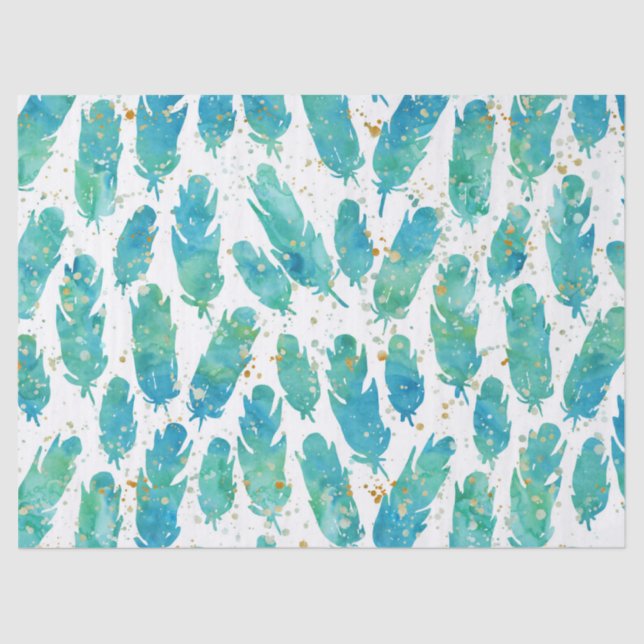 Aqua Watercolor Feathers Tissue Paper (Front)