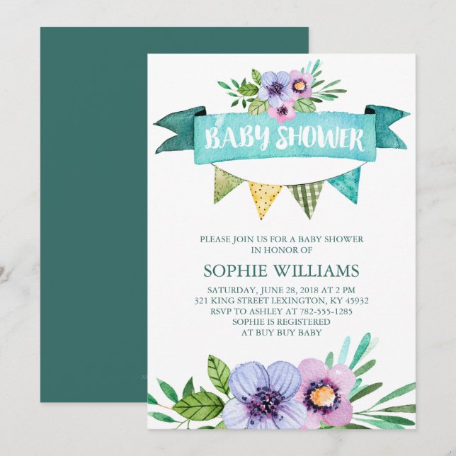 Aqua Watercolor Floral Baby Shower Invitation (Front/Back)