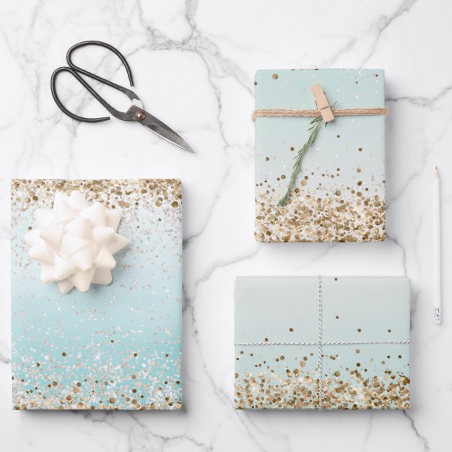 Aqua Watercolor Gold Confetti Glitter Wrapping Paper Sheet (Front)