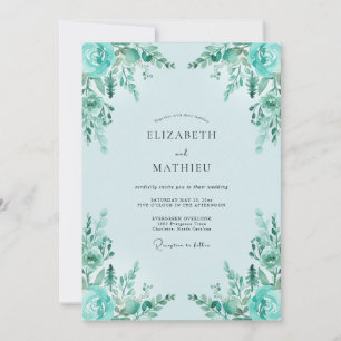 Aqua Watercolor Leaf Wedding Invitation