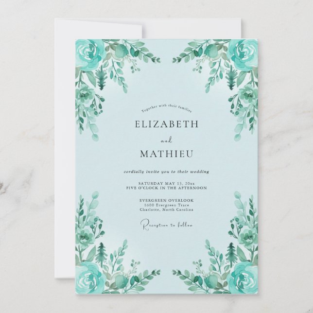 Aqua Watercolor Leaf Wedding Invitation (Front)
