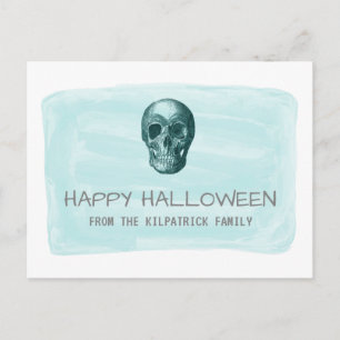 Aqua Watercolor Skull Halloween Postcard