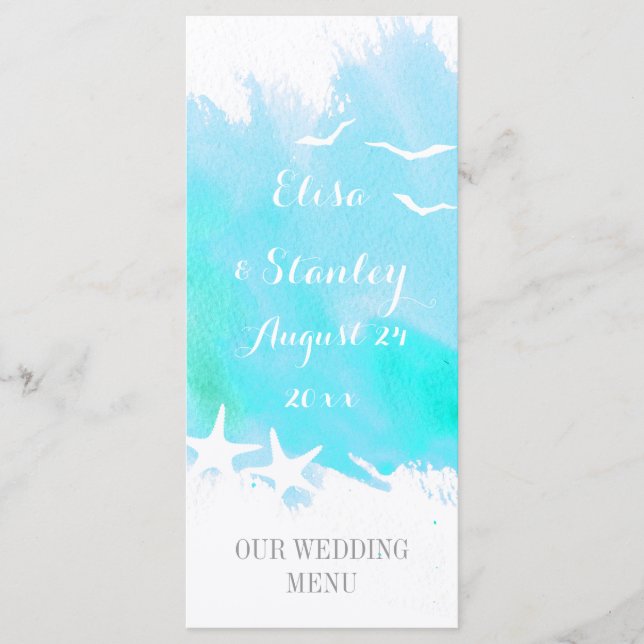 Aqua watercolor, starfish beach wedding menu (Front)