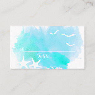 Aqua watercolor, starfish beach wedding place card