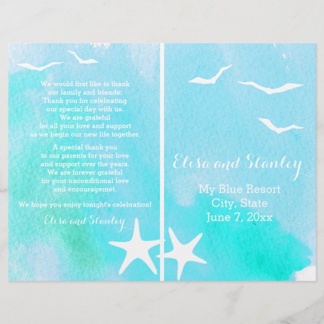 Aqua watercolor, starfish beach wedding program (Front)
