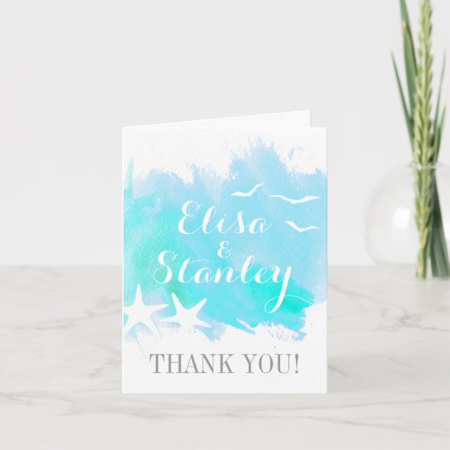 Aqua watercolor, starfish beach wedding Thank You (Front)