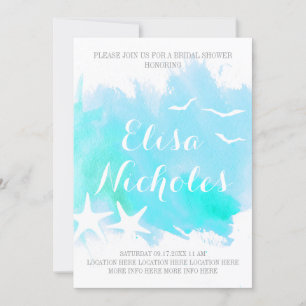 Aqua watercolor, starfish wedding bridal shower invitation