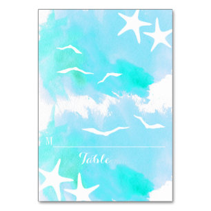 Aqua watercolor, starfish wedding place card
