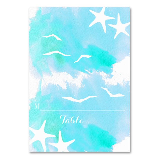 Aqua watercolor, starfish wedding place card (Front)