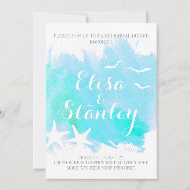 Aqua watercolor, starfish wedding rehearsal dinner invitation (Front)