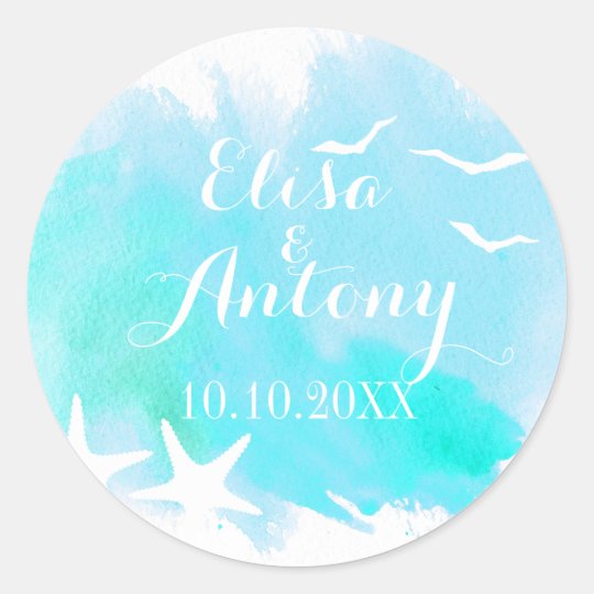 Aqua watercolor, starfish wedding Save the Date Classic Round Sticker