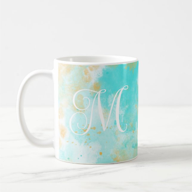 Aqua Watercolor Wash & Customisable Monogram Mug (Left)