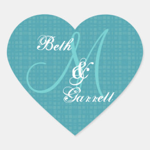Aqua Wedding Damask Monogram Any Initial V12 Heart Sticker