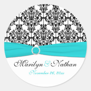 Aqua, White, and Black Damask 1.5" Round Sticker