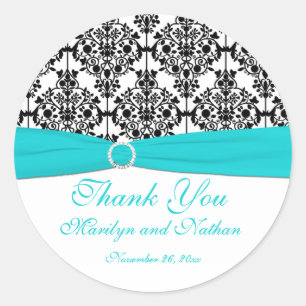 Aqua, White, and Black Damask 3" Round Sticker