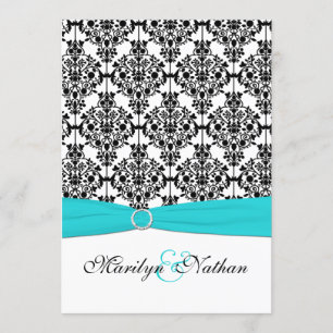 Aqua, White and Black Damask II Wedding Invitation