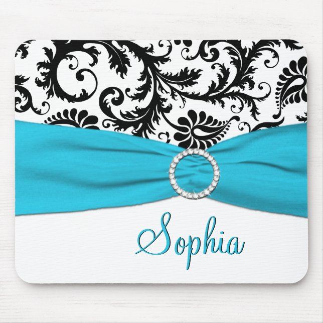 Aqua, White, and Black Damask Mousepad (Front)