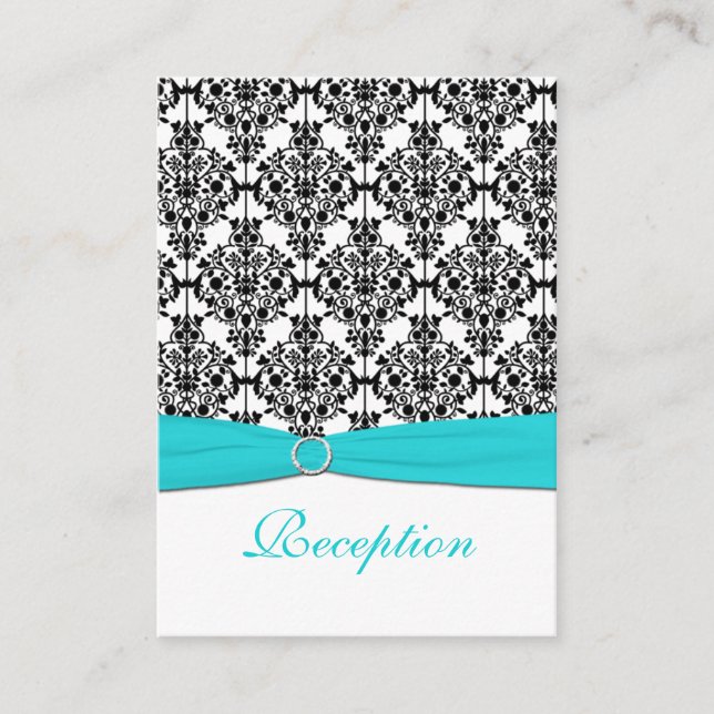 Aqua, White and Black Damask Reception Card (Front)