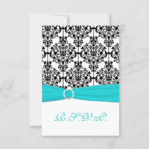 Aqua, White and Black Damask Reply Card 2