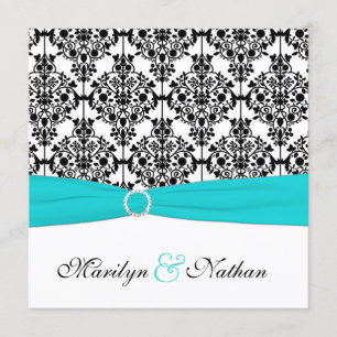 Aqua, White and Black Damask Wedding Invitation