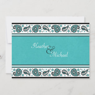 Aqua, White, and Black Paisley Wedding Invitation