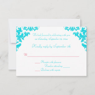 Aqua, White, and Red Damask RSVP Card