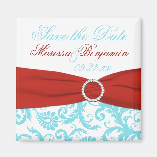 Aqua, White, and Red Damask Save the Date Magnet (Front)