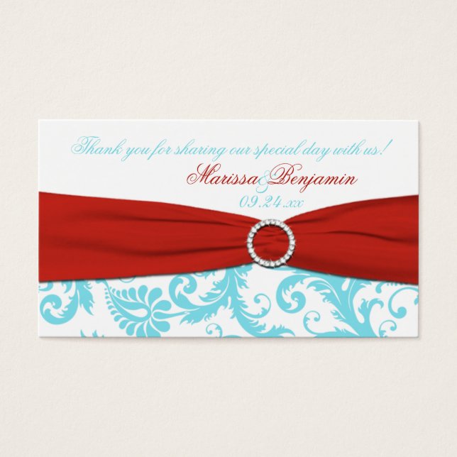 Aqua, White, and Red Damask Wedding Favour Tag (Front)