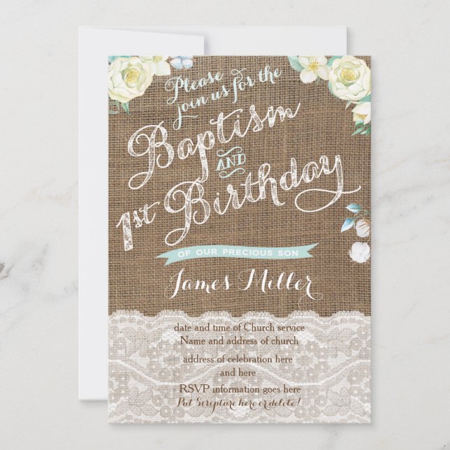 Aqua White Baptism and 1st Birthday Invites (Front)