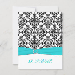 Aqua, White, Black Damask II RSVP Card