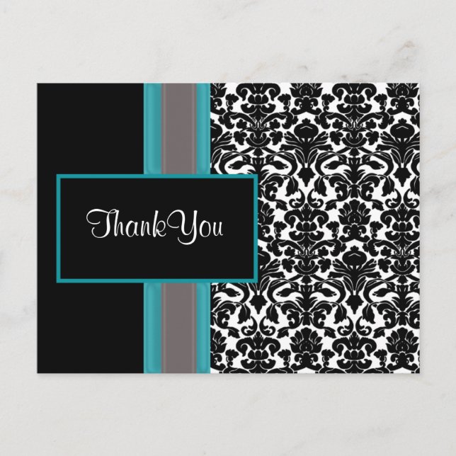 Aqua White Black Damask Wedding Invitations (Front)