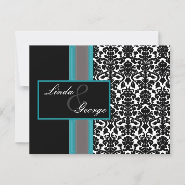 Aqua White Black Damask Wedding Invitations (Front)