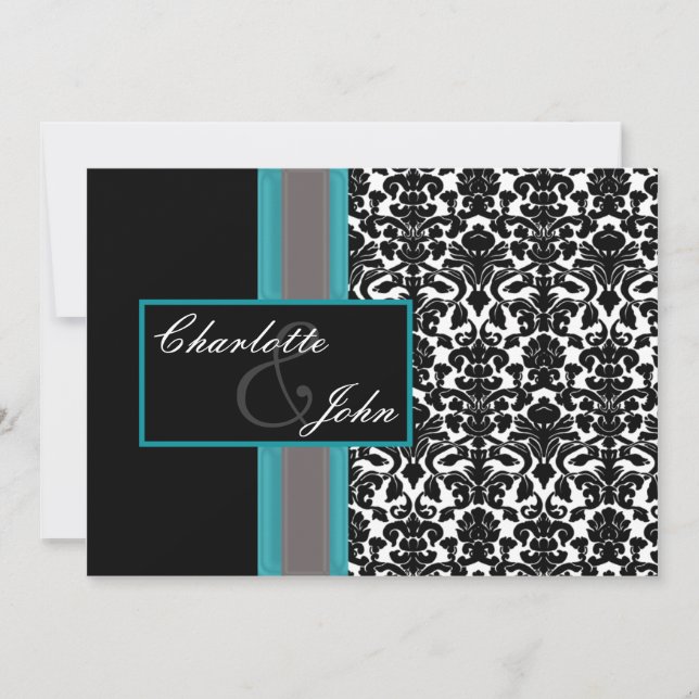 Aqua White Black Damask Wedding Invitations (Front)